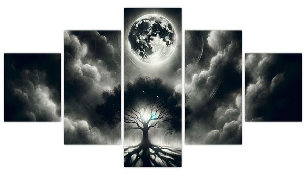 Obraz - Černobílý strom v úplňku (125x70 cm)
