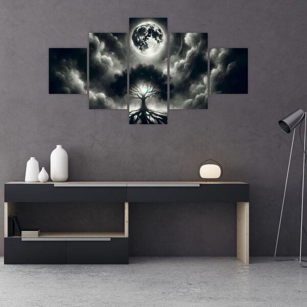 Obraz - Černobílý strom v úplňku (125x70 cm)