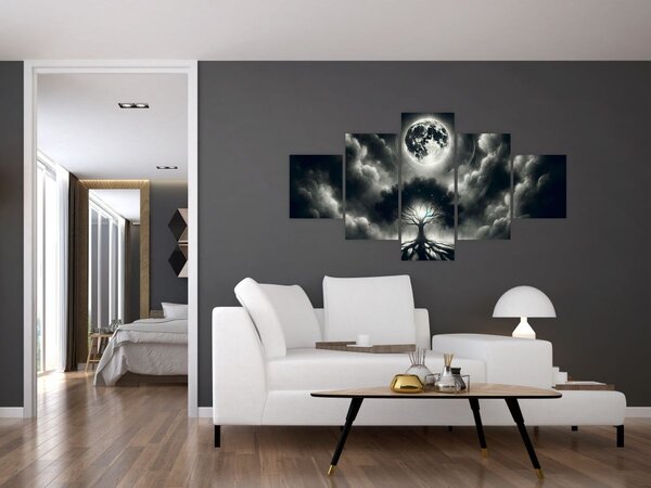 Obraz - Černobílý strom v úplňku (125x70 cm)