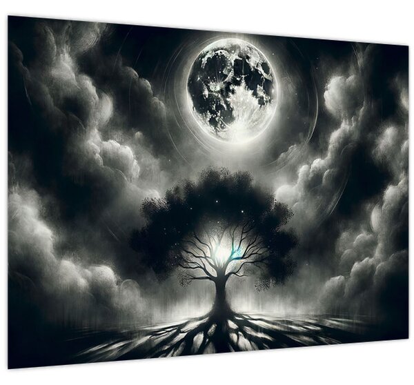 Obraz - Černobílý strom v úplňku (70x50 cm)