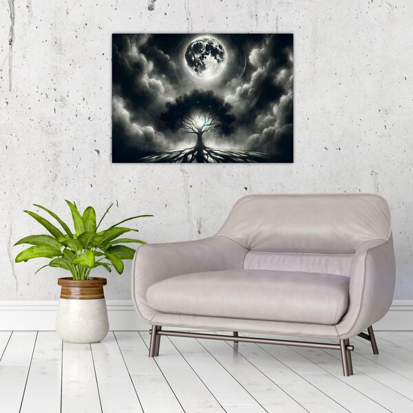 Obraz - Černobílý strom v úplňku (70x50 cm)
