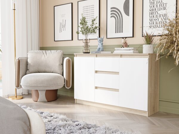 Komoda Framire 120 cm 2 dvířka 3 zásuvky laminovaná deska bílý dub sonoma