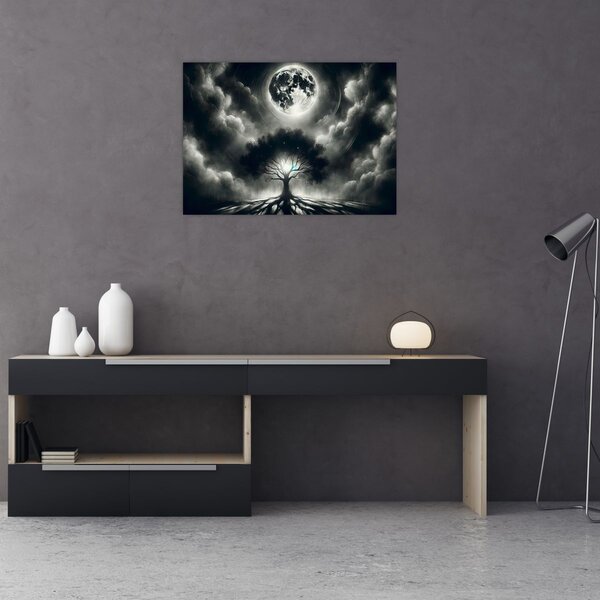 Obraz - Černobílý strom v úplňku (70x50 cm)