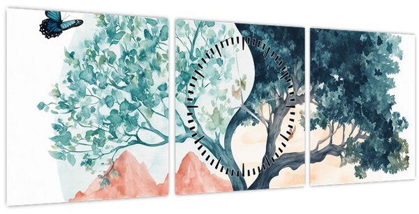 Obraz - Akvarelový strom plný života (s hodinami) (90x30 cm)