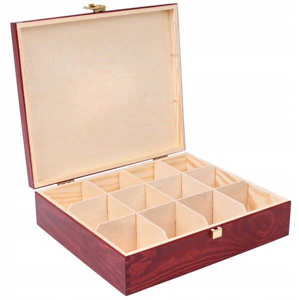 Krabička na čaj Creative Deco Burgundy Lacquer Wood dřevěná 12 přihrádek