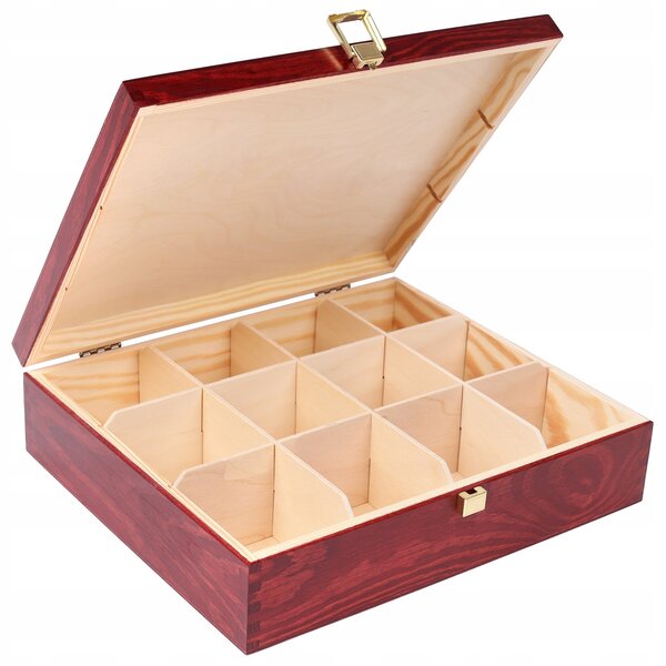 Krabička na čaj Creative Deco Burgundy Lacquer Wood dřevěná 12 přihrádek