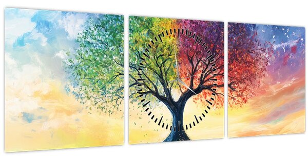 Obraz - Malovaný strom ročních období (s hodinami) (90x30 cm)