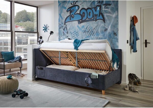 Tmavě modrá čalouněná rohová dětská postel s úložným prostorem s roštem 90x200 cm Fun – Meise Möbel