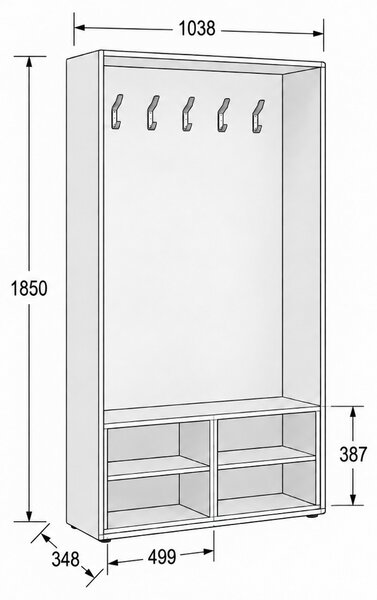 Šatní stěna BORDER s botníkem, 5 háčků, bílá/bílá