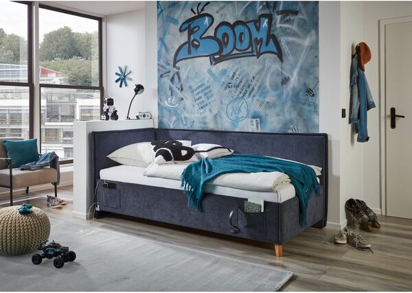 Tmavě modrá čalouněná rohová dětská postel s úložným prostorem s roštem 90x200 cm Fun – Meise Möbel