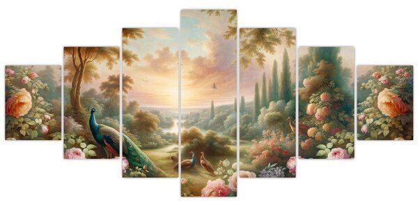 Obraz - Pávi v zahradě (210x100 cm)