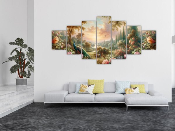 Obraz - Pávi v zahradě (210x100 cm)