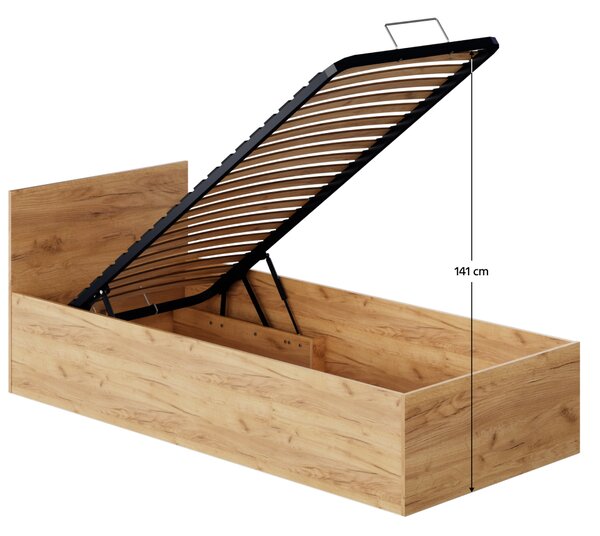 KONDELA Postel s kovovým roštem a úložným prostorem, 90x200, dub craft zlatý, DOLI