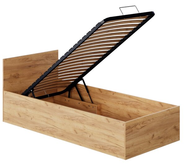 KONDELA Postel s kovovým roštem a úložným prostorem, 90x200, dub craft zlatý, DOLI