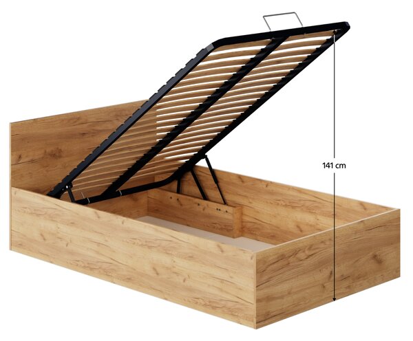 KONDELA Postel s kovovým roštem a úložným prostorem, 120x200, dub craft zlatý, DOLI