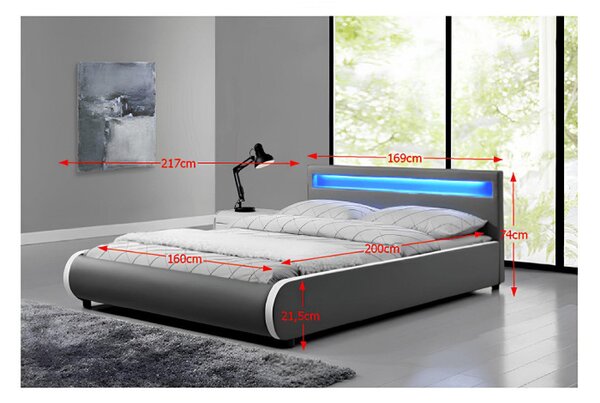 Kondela Manželská postel DULCEA 160x200 s RGB LED osvětlení, šedá ekokůže