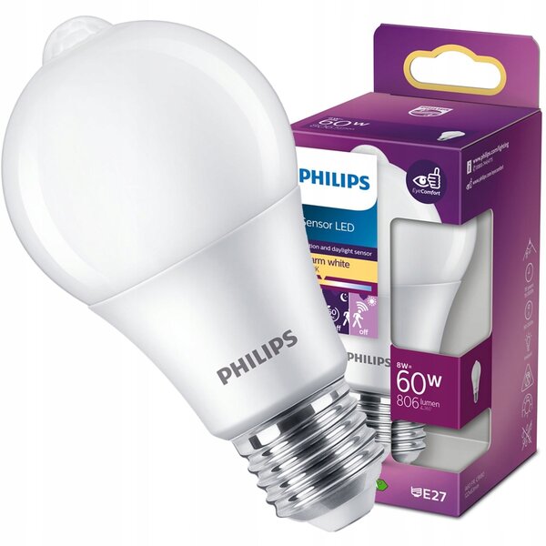 LED žárovka Snímač pohybu LED senzor 8W = 60W 806lm 2700K PHILIPS