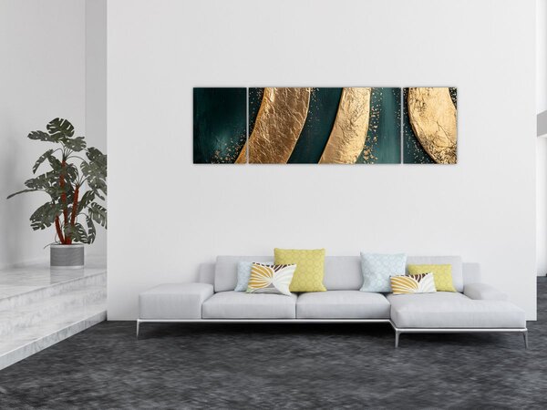 Obraz - Zelená abstrakce se zlatem I. (170x50 cm)