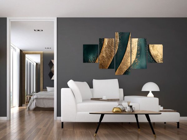 Obraz - Zelená abstrakce se zlatem I. (125x70 cm)