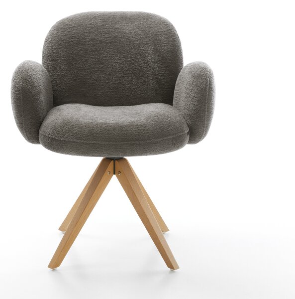 DELIFE Jídelní židle Nube-Flex s područkami bouclé měkký tmavě béžová dřevěná podnož hranatá přírodní 180° otočný taštičkové pružiny