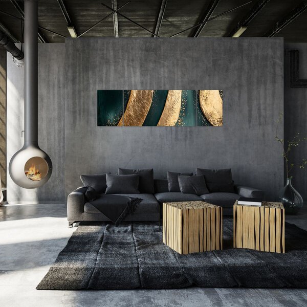 Obraz - Zelená abstrakce se zlatem I. (170x50 cm)