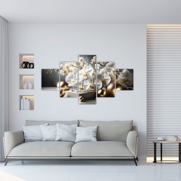 Obraz - Orchidej a zlaté koule (125x70 cm)