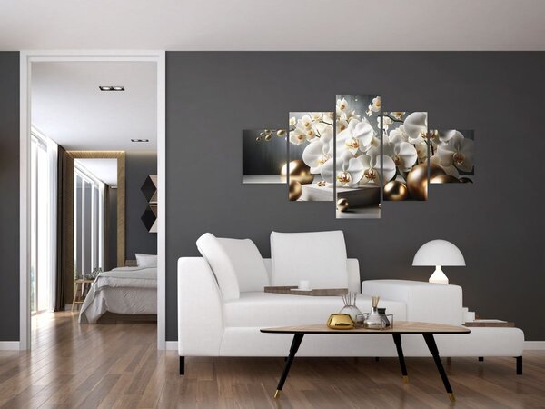 Obraz - Orchidej a zlaté koule (125x70 cm)