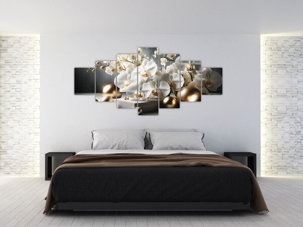 Obraz - Orchidej a zlaté koule (210x100 cm)