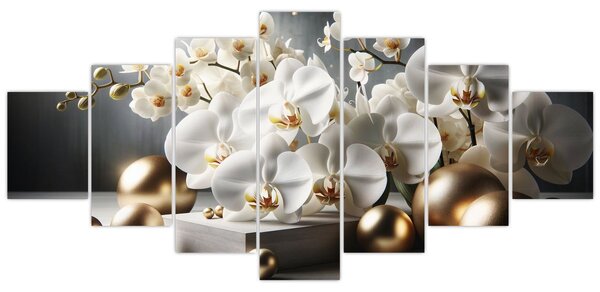 Obraz - Orchidej a zlaté koule (210x100 cm)