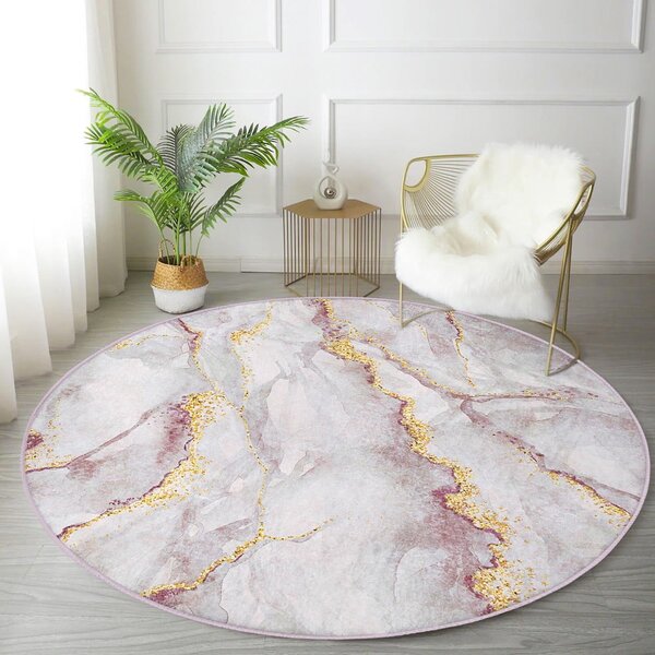 Světle růžový/ve zlaté barvě pratelný kulatý koberec ø 120 cm Marble – Mila Home