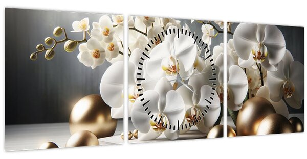 Obraz - Orchidej a zlaté koule (s hodinami) (90x30 cm)