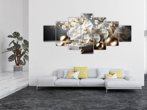 Obraz - Orchidej a zlaté koule (210x100 cm)