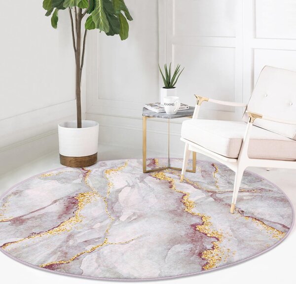 Světle růžový/ve zlaté barvě pratelný kulatý koberec ø 120 cm Marble – Mila Home