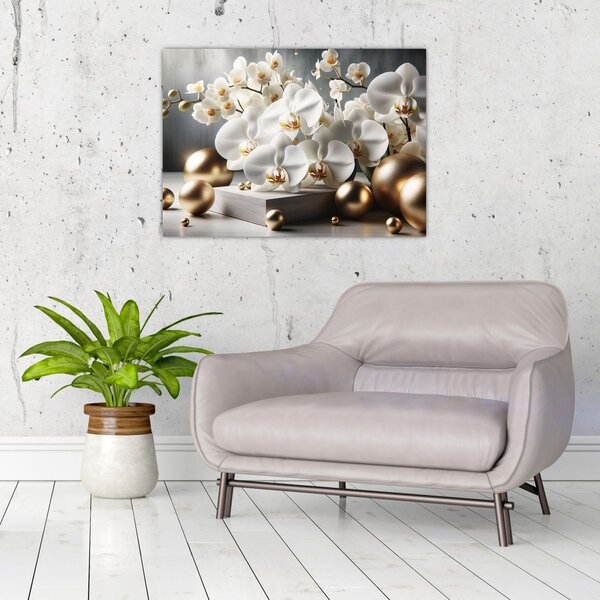 Obraz - Orchidej a zlaté koule (70x50 cm)