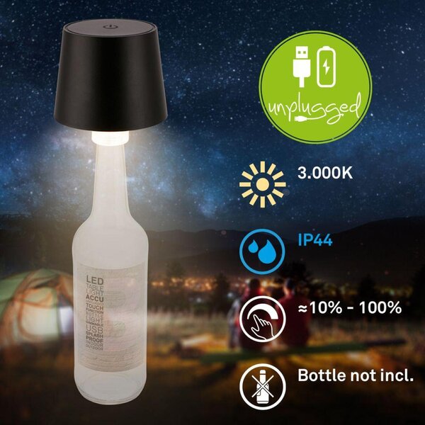 BRILONER Bota lampička na láhev - 1,8W, 120lm, nabíjecí, LED, stmívatelné, dotykový vypínač, teplá bílá, černá 7709015