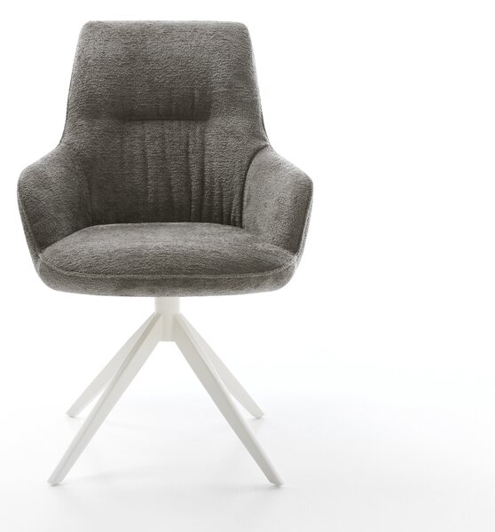 DELIFE Jídelní židle Zelia-Flex s područkami bouclé měkký tmavě béžová křížová podnož široká bílá otočná 360° houpací funkce taštičkové pružiny