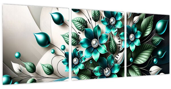 Obraz - 3D tyrkysové květy (s hodinami) (90x30 cm)