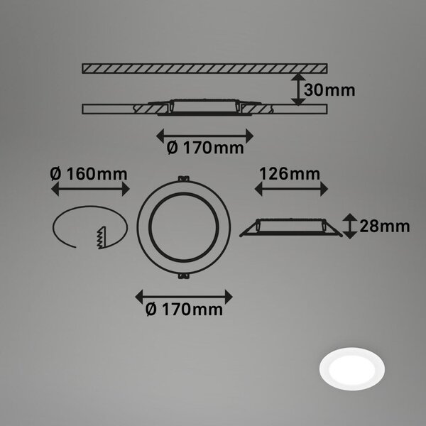BRILONER LED vestavné bodové svítidlo – pr. 170mm, ploché, 12W, 230V, neutrální bílá, bílé 7994016