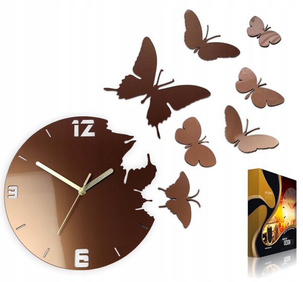 Nástěnné hodiny MOTÝLI METALLIC COPPER STYL 7 MOTÝLŮ