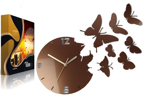 Nástěnné hodiny MOTÝLI METALLIC COPPER STYL 7 MOTÝLŮ