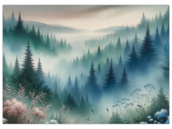 Obraz - Lesní krajina s mlhou (70x50 cm)