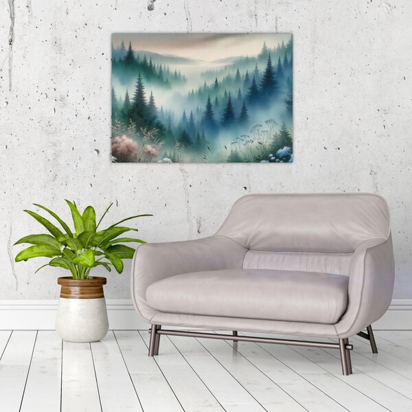 Obraz - Lesní krajina s mlhou (70x50 cm)