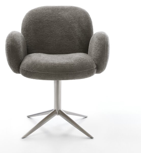 DELIFE Jídelní židle Nube-Flex s područkami bouclé měkký tmavě béžová křížová podnož nerezová ocel 360° otočný houpací funkce taštičkové pružiny