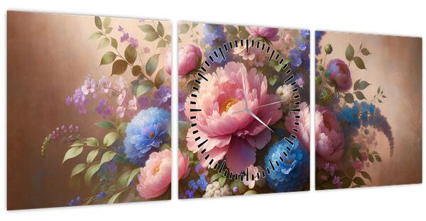 Obraz - Stůl plný květů (s hodinami) (90x30 cm)