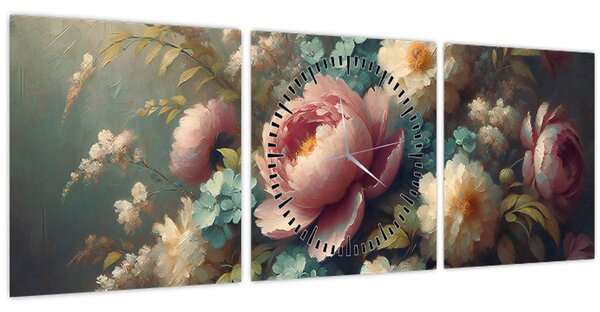 Obraz - Zátiší s květinami - malba (s hodinami) (90x30 cm)