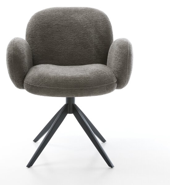DELIFE Jídelní židle Nube-Flex s područkami bouclé měkký tmavě béžová křížová podnož široká černá otočný 360° houpací funkce taštičkové pružiny