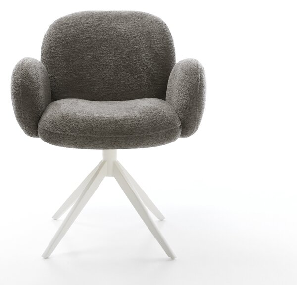 DELIFE Jídelní židle Nube-Flex s područkami bouclé měkký tmavě béžová křížová podnož široká bílá otočná 360° houpací funkce taštičkové pružiny