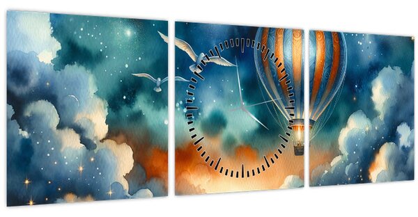 Obraz - Let noční oblohou (s hodinami) (90x30 cm)