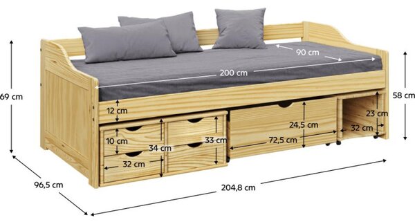 Kondela Postel 90x200 s úložným prostorem, přírodní, masiv, MAXI NEW