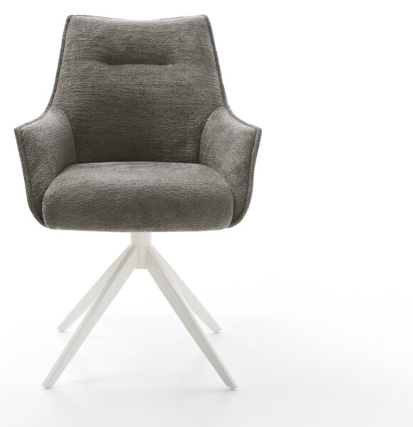 DELIFE Jídelní židle Alja-Flex s područkami bouclé měkký tmavě béžová křížová podnož široká bílá 360° otočný houpací funkce taštičkové pružiny